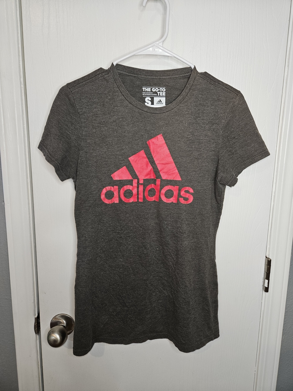 adidas Women's Short Sleeve Tee Charcoal with Pink Logo